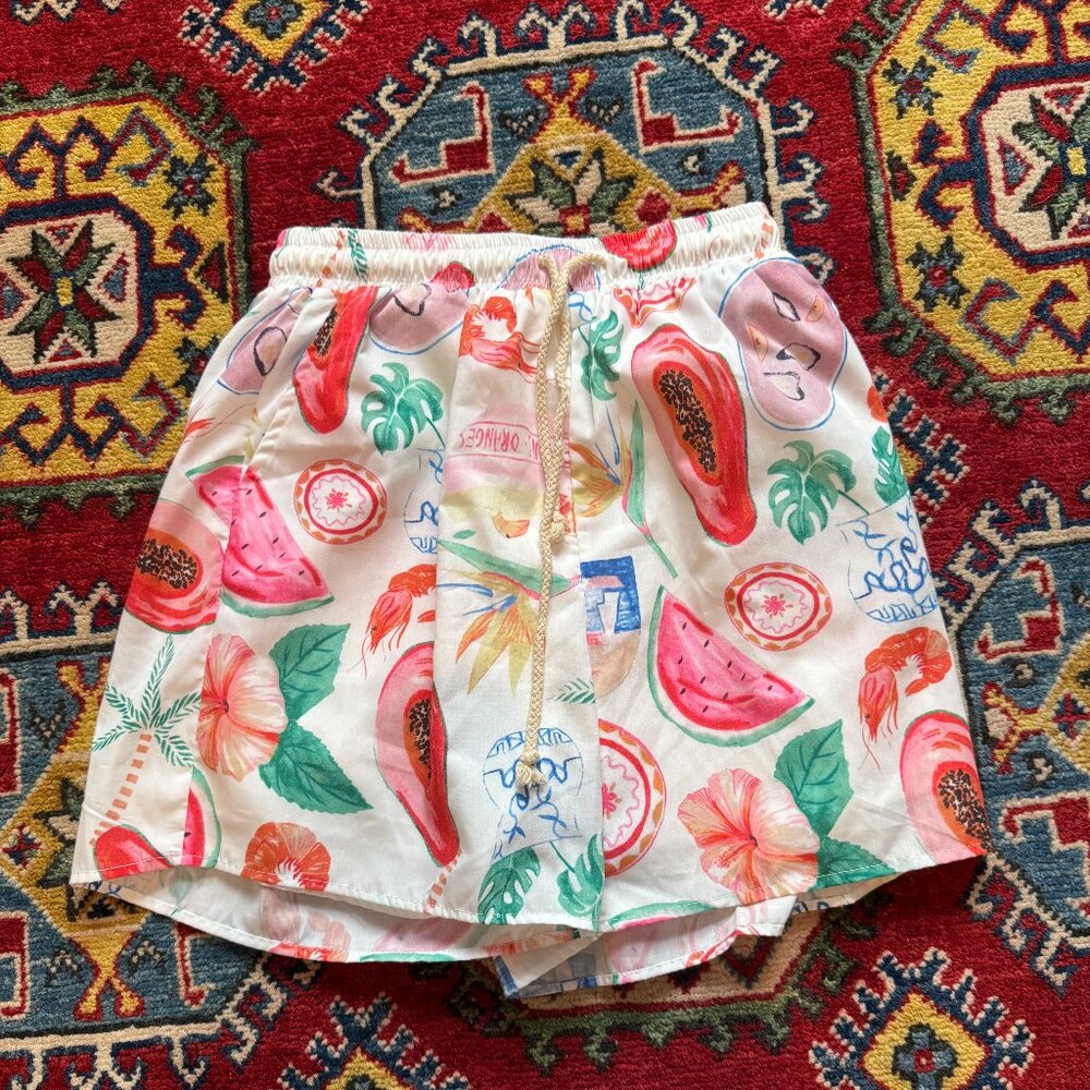 Beulah Style Fruit Print Shorts Elastic Waist Summer Tropical